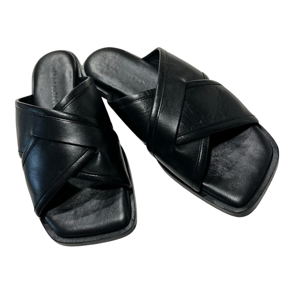 Freda Salvador Marta Black Leather Criss Cross Slide Sandal Flat Minimalist 7.5 - Picture 2 of 15